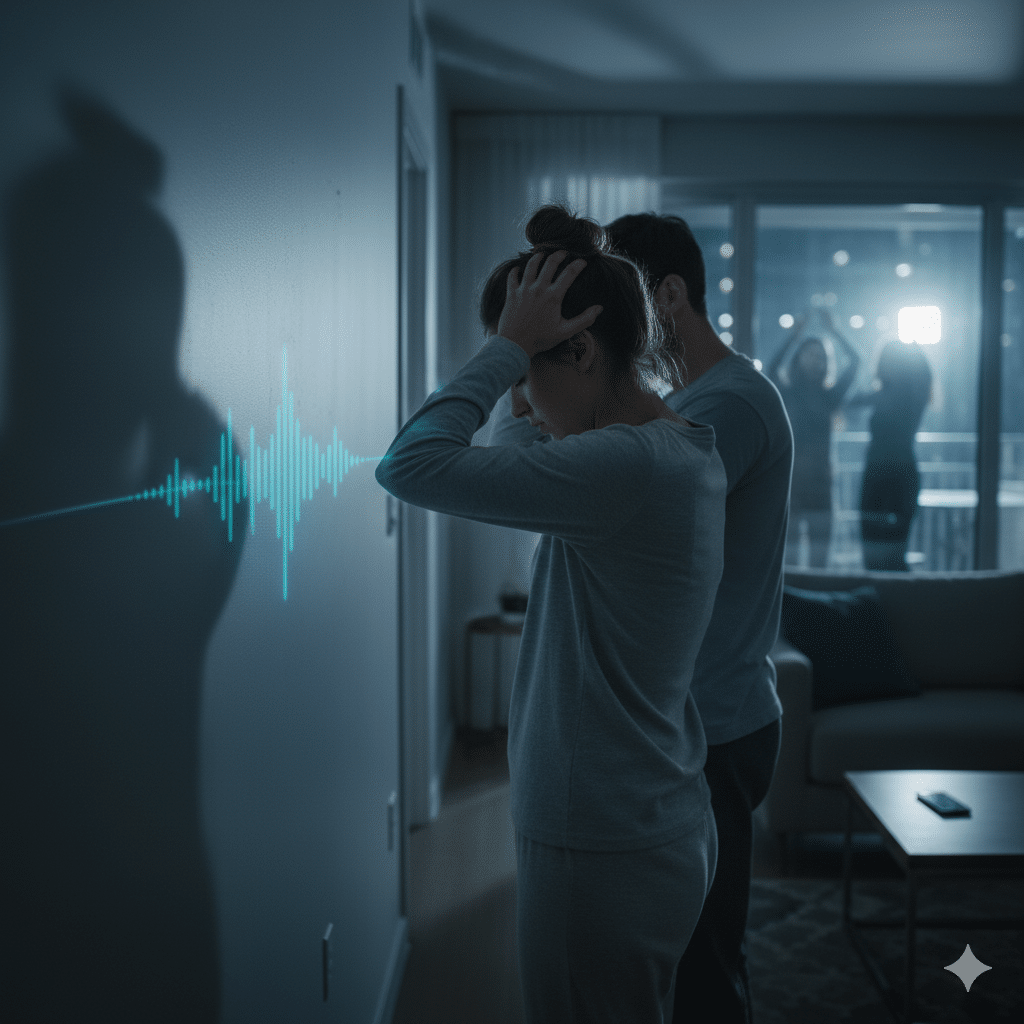 Resident at an apartment door in a dimly lit corridor