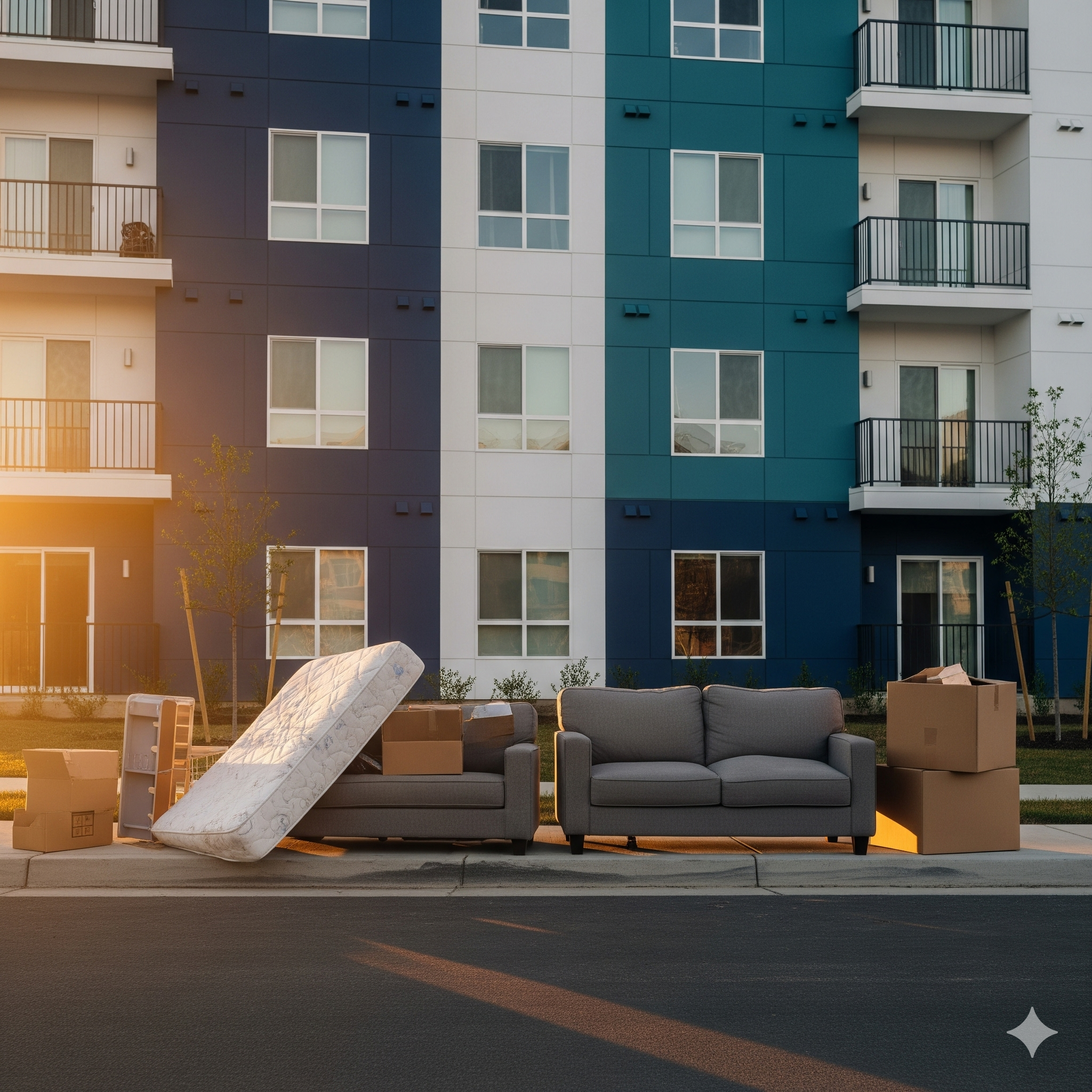 Gemini-Generated-Image-Blog-0002.webp Abandoned goods, including a couch, beds, and cardboard boxes, in front of an apartment building