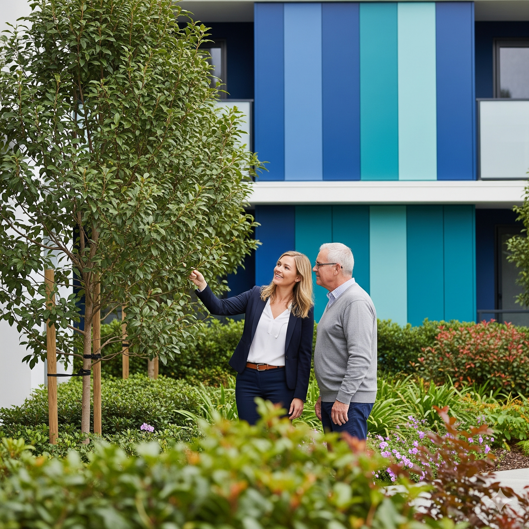 Gemini-Generated-Image-Blog-0011.webp A man and a woman in a park looking at a small potted tree, discussing landscaping