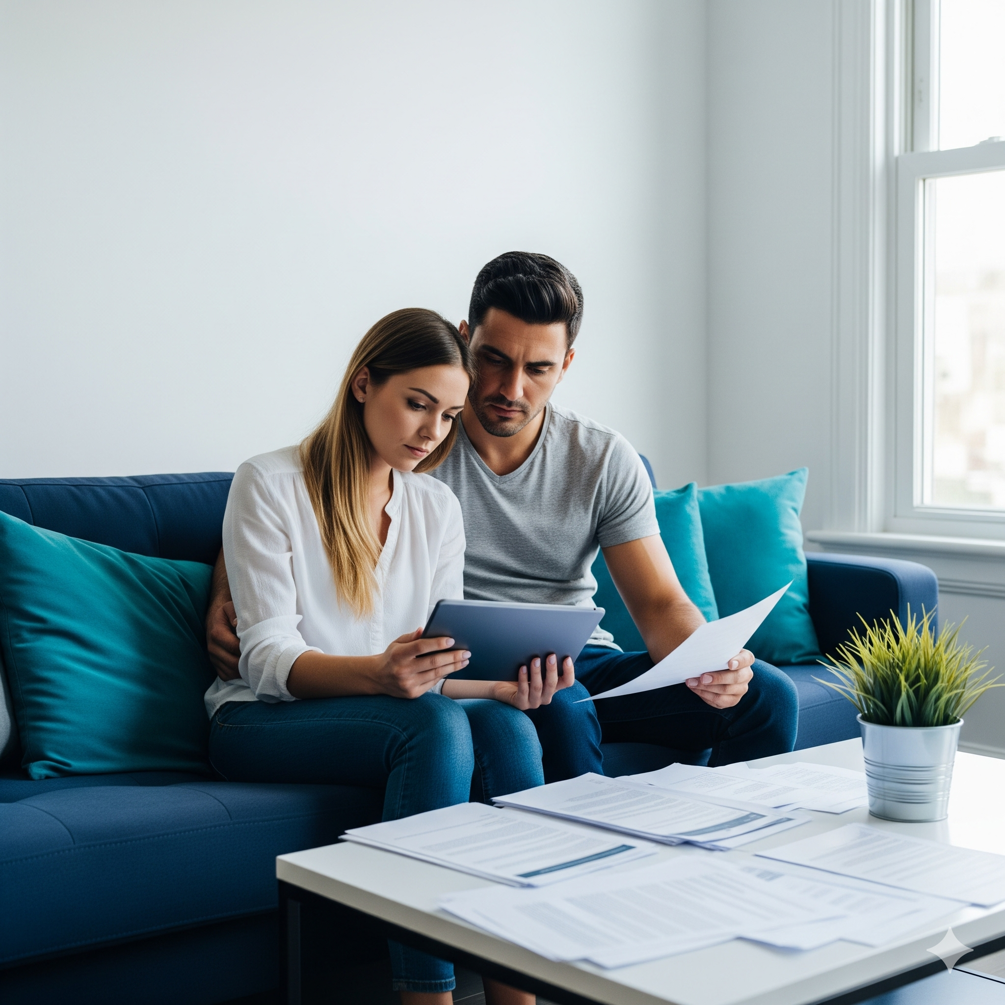 Buying strata property nsw A happy couple sitting on a couch, looking at documents on a tablet together