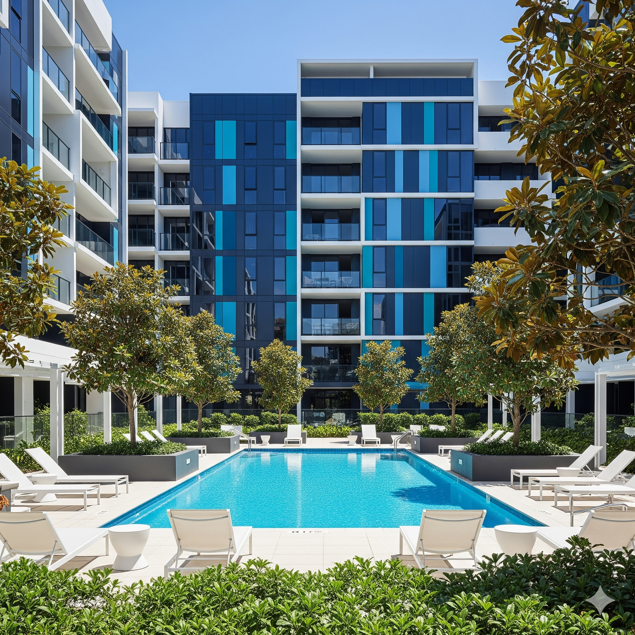 Community neighbourhood associations nsw A modern apartment complex with a large outdoor swimming pool in front