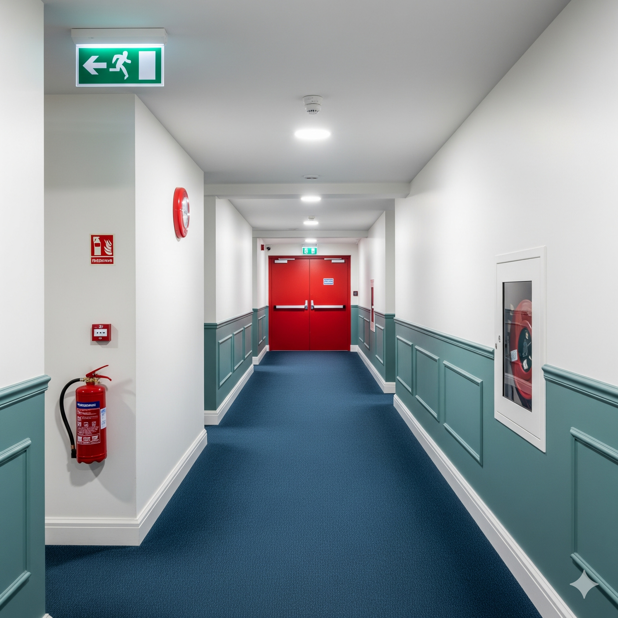 Fire safety nsw strata A hallway with fire safety equipment, including a fire alarm, fire extinguisher, and fire hose.