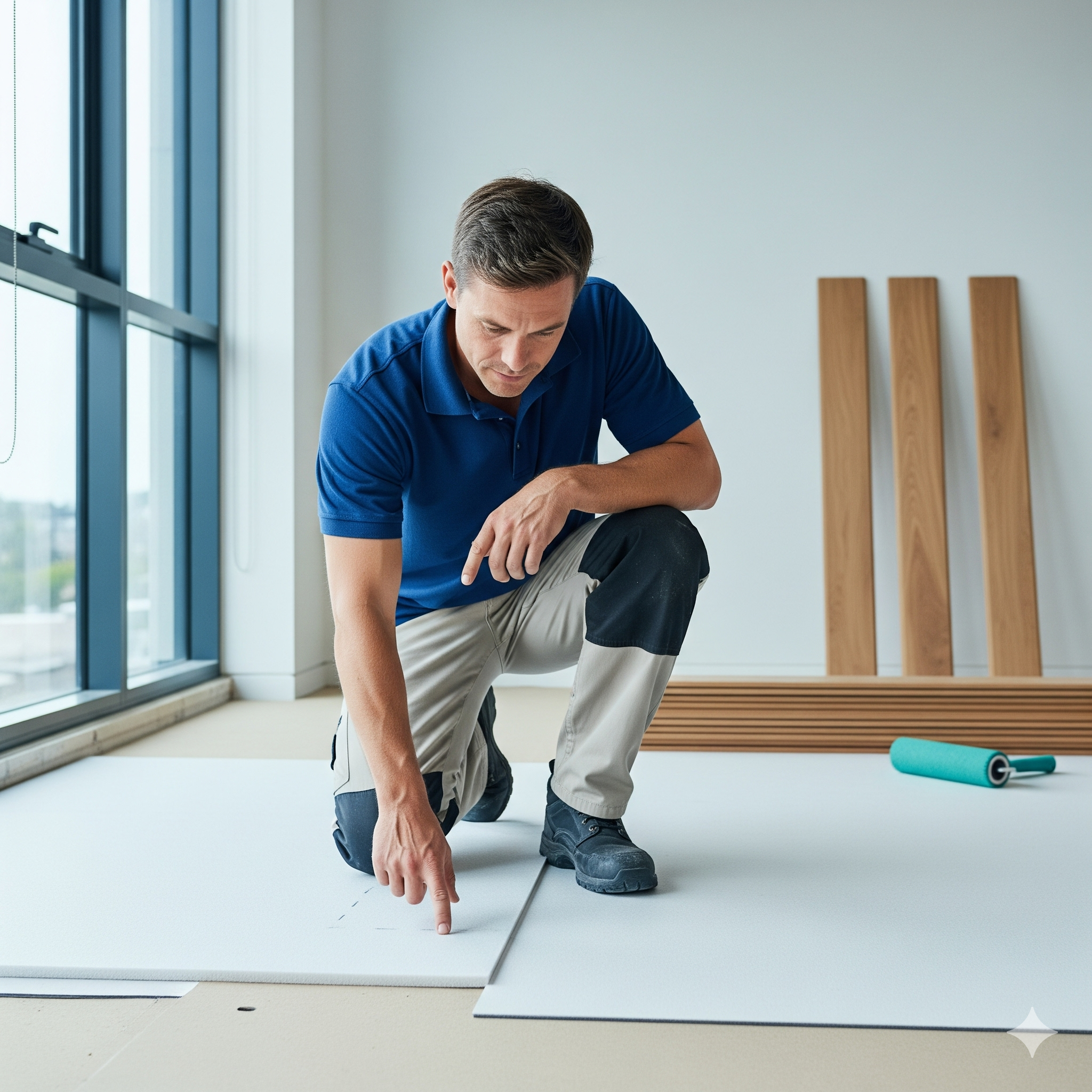 Hard flooring strata nsw A man kneeling and installing new wooden floorboards in an apartment