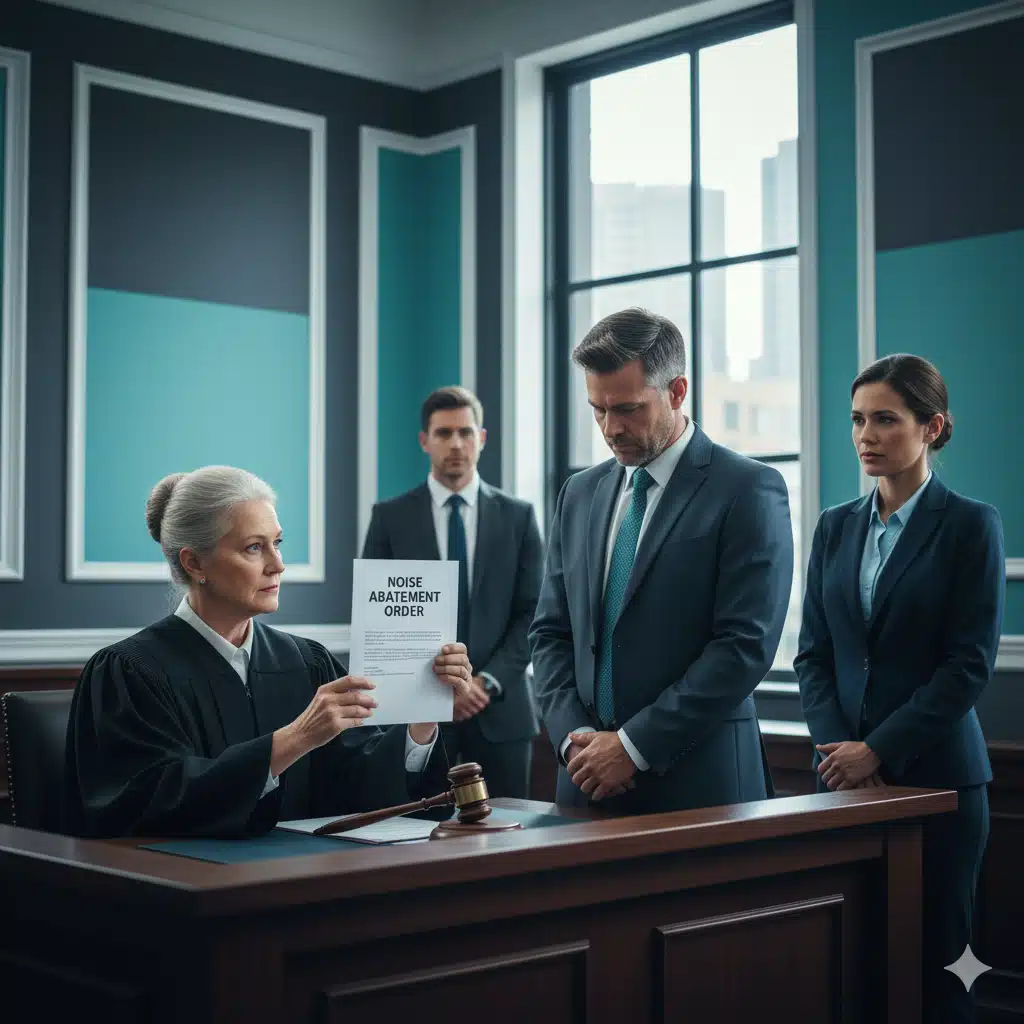 Landlord liability tenant noise nsw In a court room where the judge is ruling noise abatement order to the strata owners