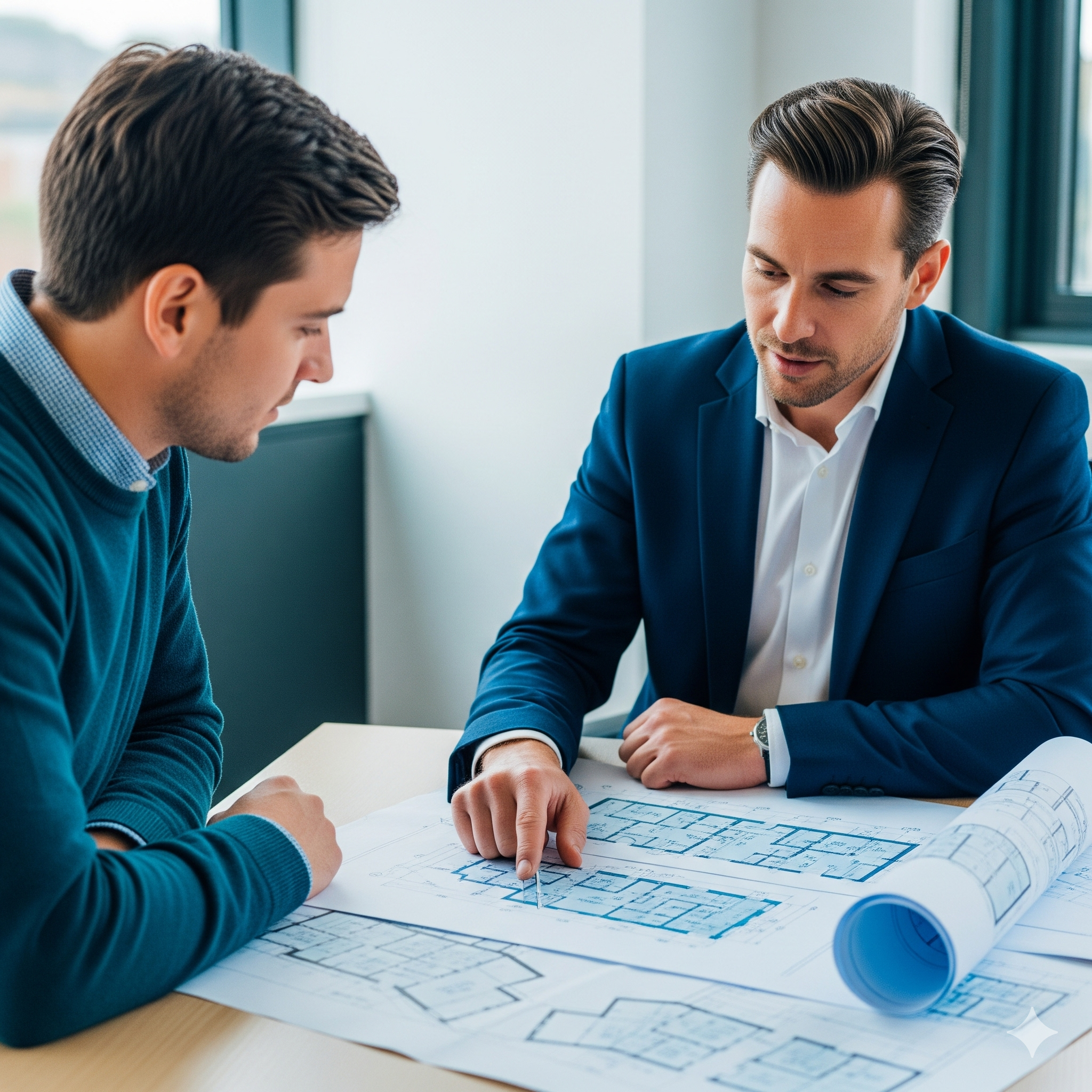 Strata building approvals nsw Two men, a strata owner and a strata manager, discussing building approvals while pointing at a blueprint