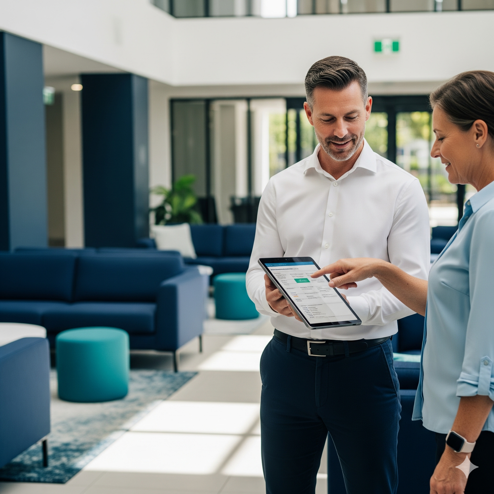 Strata building manager nsw Two business professionals in an office discussing a tablet presentation