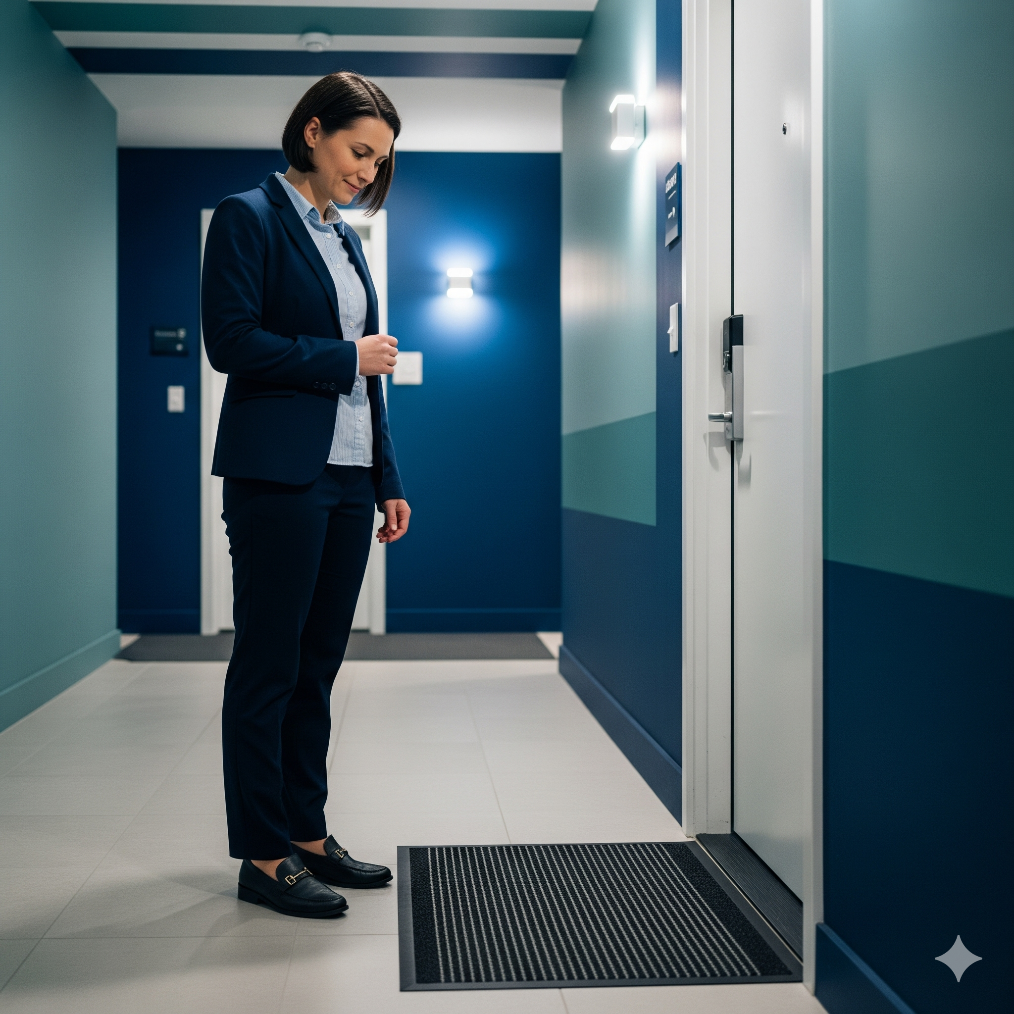 Strata entry door rules nsw Person standing in an apartment hallway, looking at a dark blue entry door