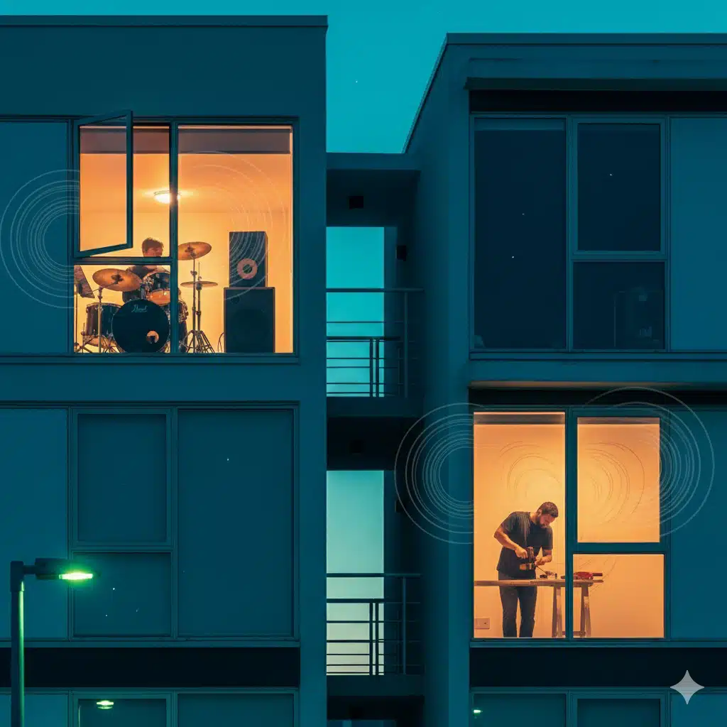 Strata noise complaints nsw A building at night with lit windows, one showing a neighbor drumming and another using power tools, representing noisy neighbors.