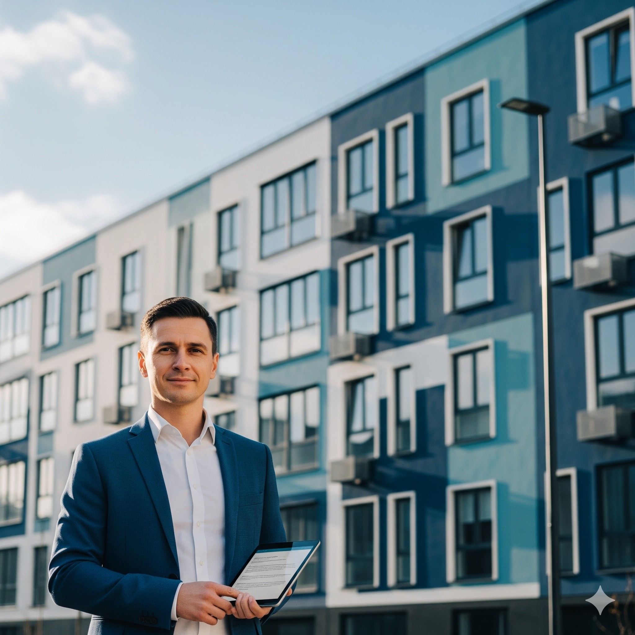 Think strata insurance covers you 5 essential tips for nsw l A middle-aged strata manager giving essential tips for NSW landlords, standing in front of a building with it as the background