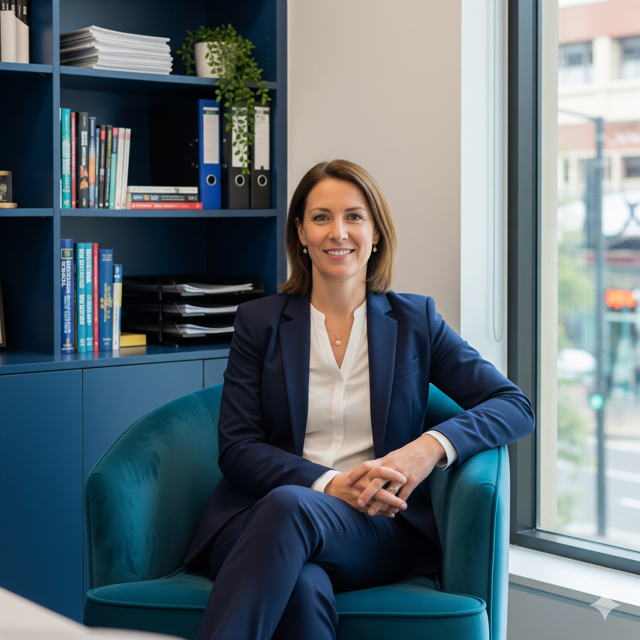 Gemini-Generated-Image-Blog-0019.webp A smiling professional woman in business attire seated at an office chair