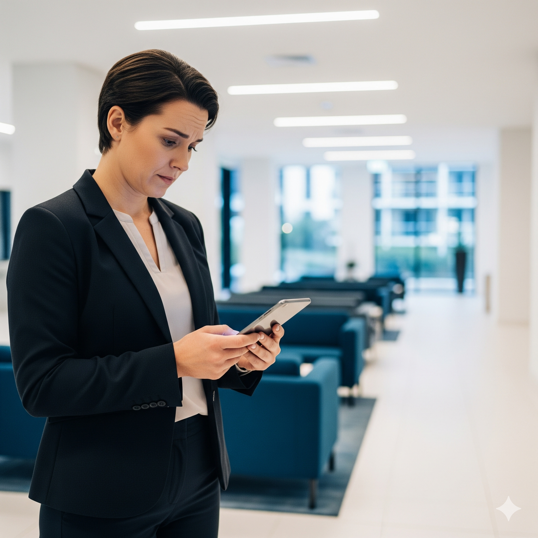 Airbnb in strata nsw A professional woman walking through a modern building lobby while looking at her smartphone