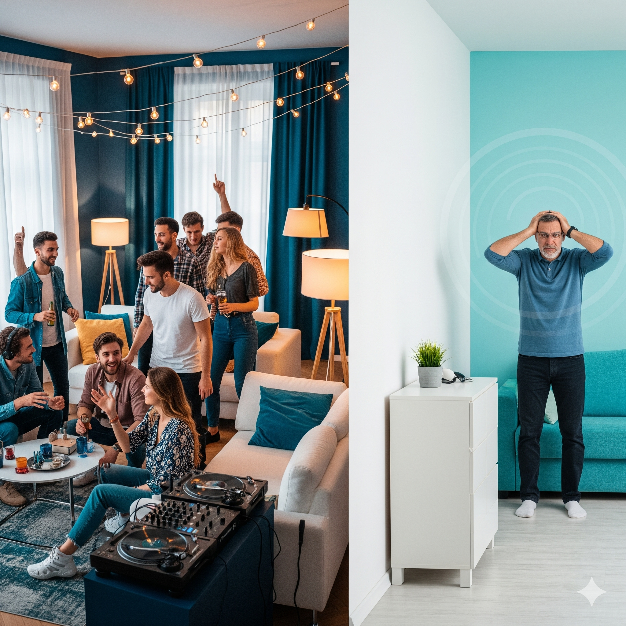 Airbnb noise complaints strata nsw A man frustrated and holding his head, while a group of people party loudly behind him, depicting noise complaints