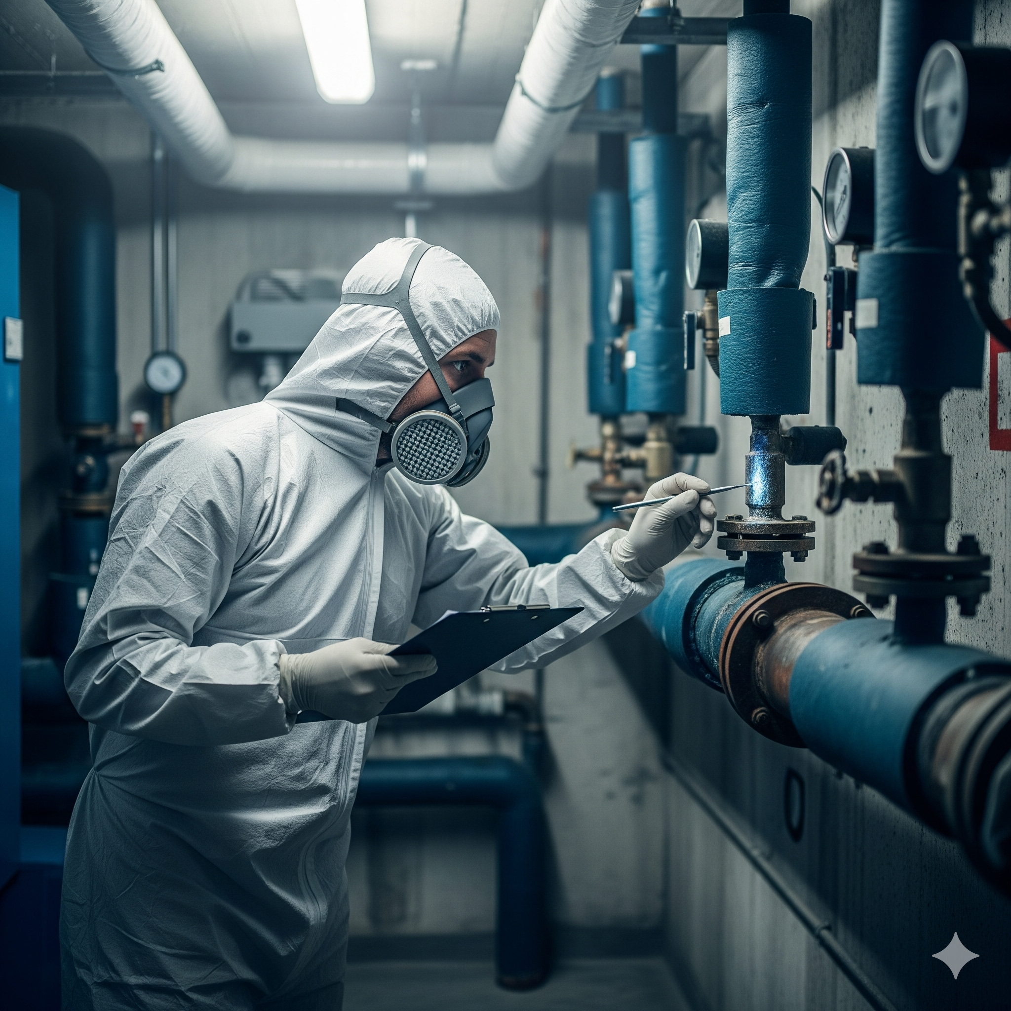 Asbestos in strata buildings nsw A worker in a white hazmat suit and respirator inspecting large industrial pipes
