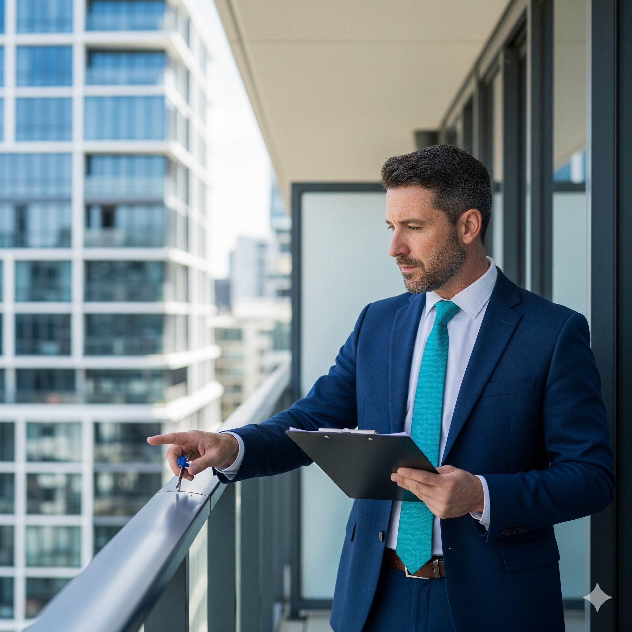 Balcony safety in strata nsw Strata manager inspecting a balcony balustrade with a tablet in hand
