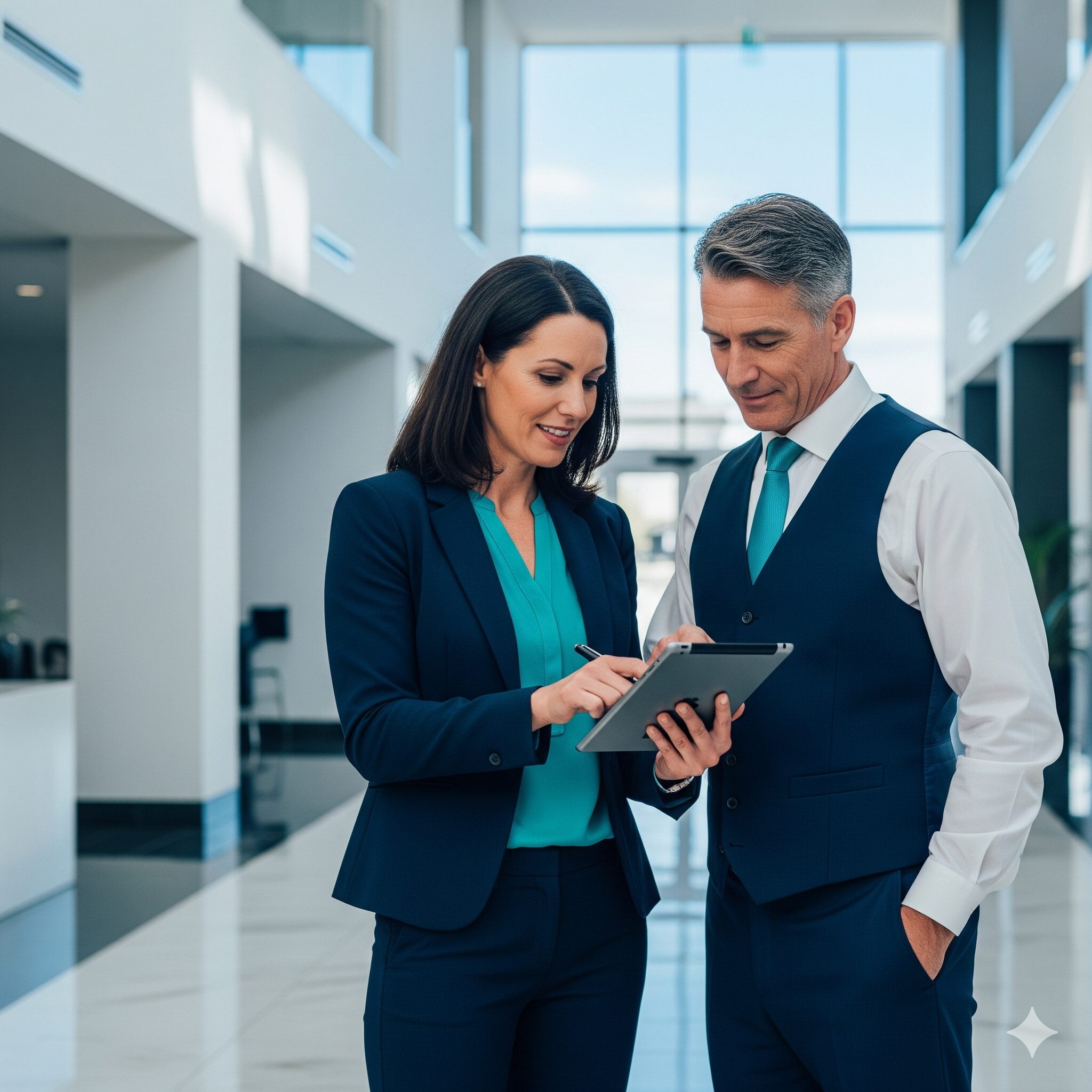 Caretakers in strata schemes nsw Caretaker and strata manager reviewing building tasks on a tablet