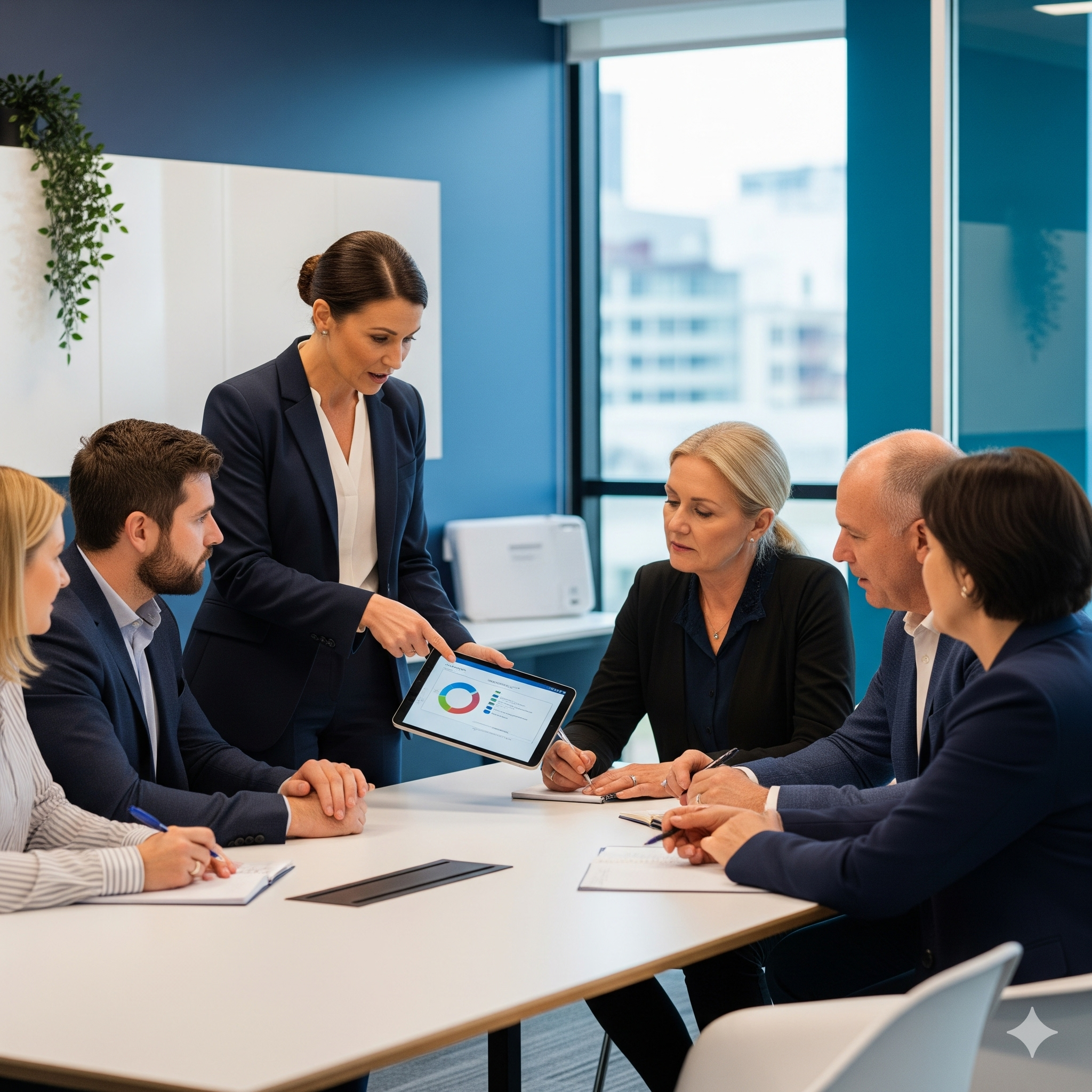 Choosing right strata manager A group of professionals in suits gathered around a large table, engaged in a business meeting