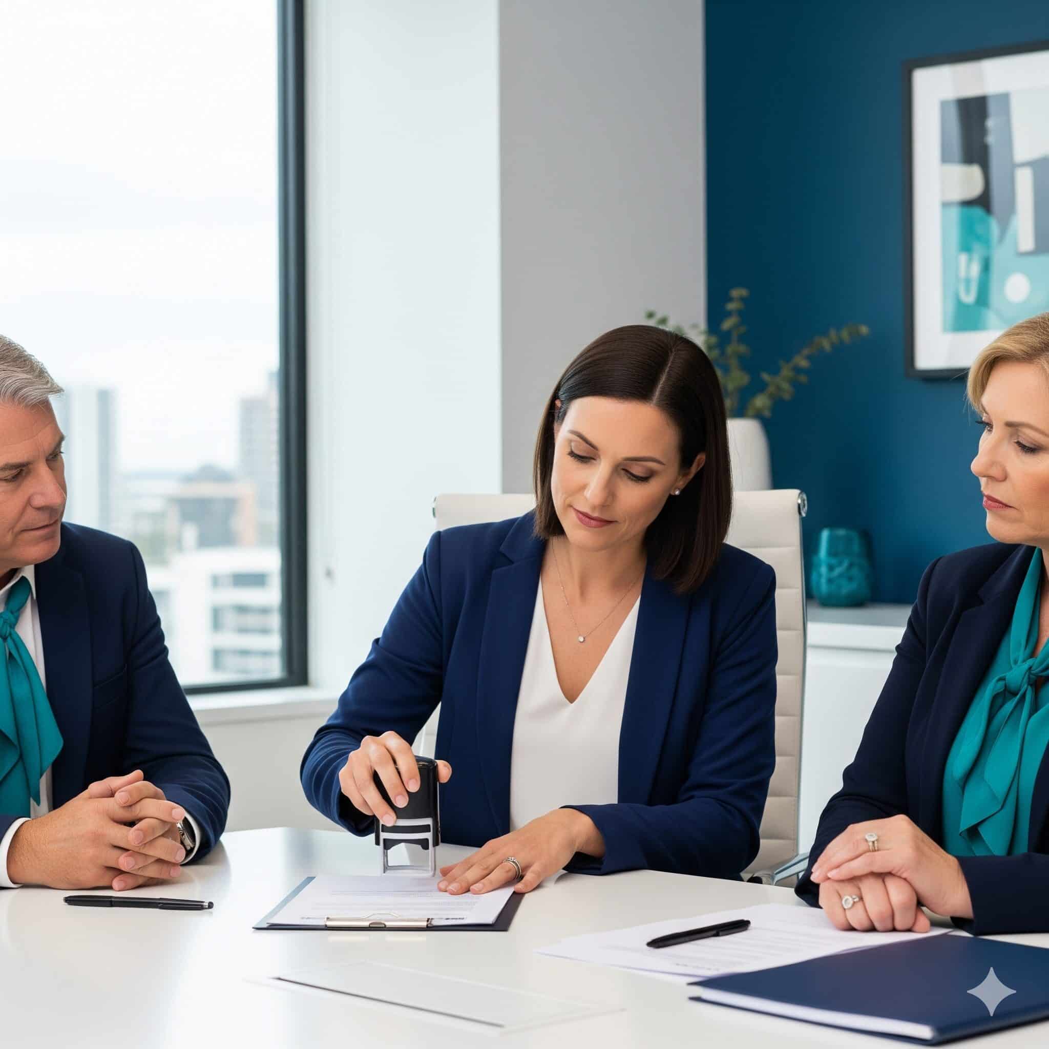 Committee members signing documents at a meeting