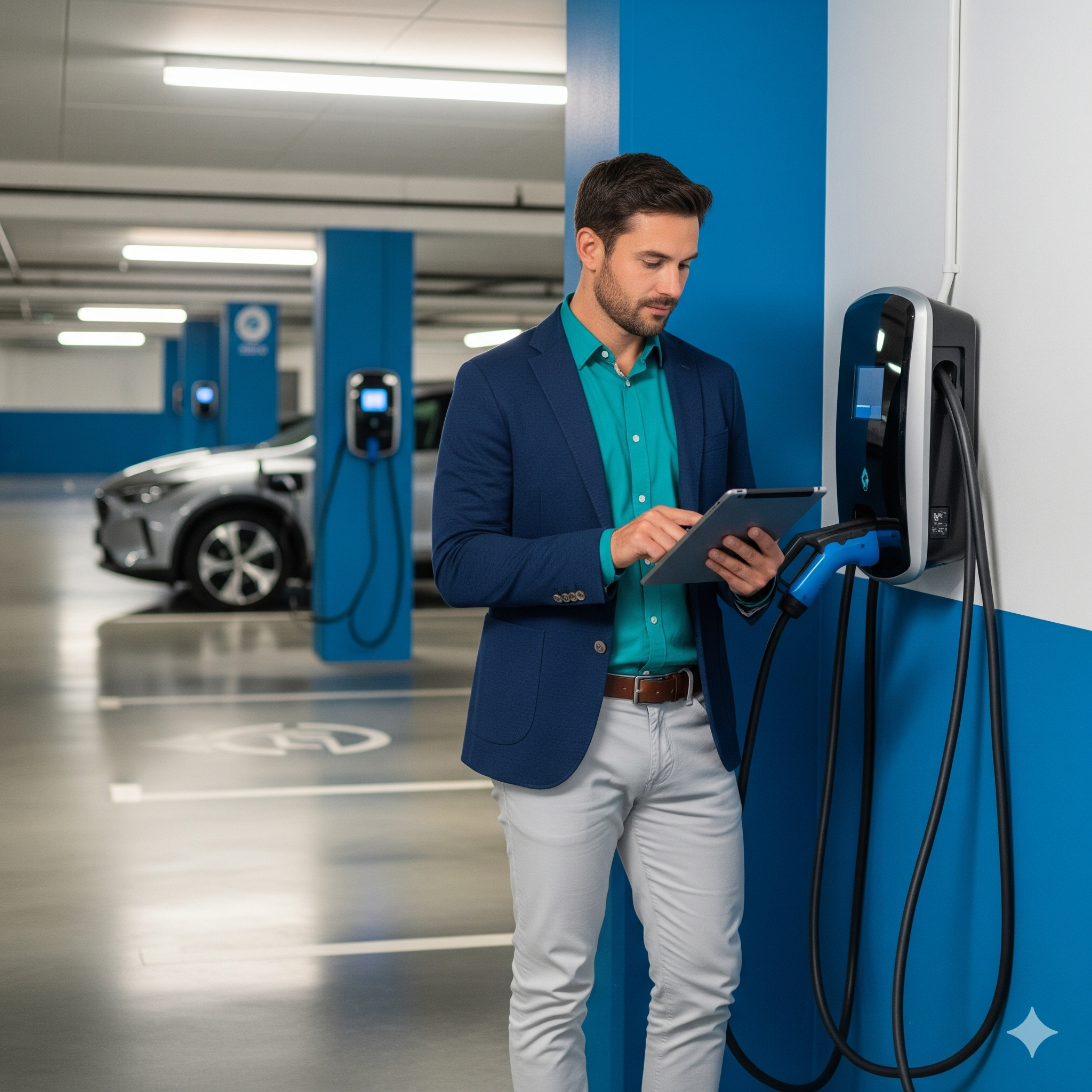 Electric vehicle charging strata nsw A man checking a charging station connected to an electric car in an underground parking garage