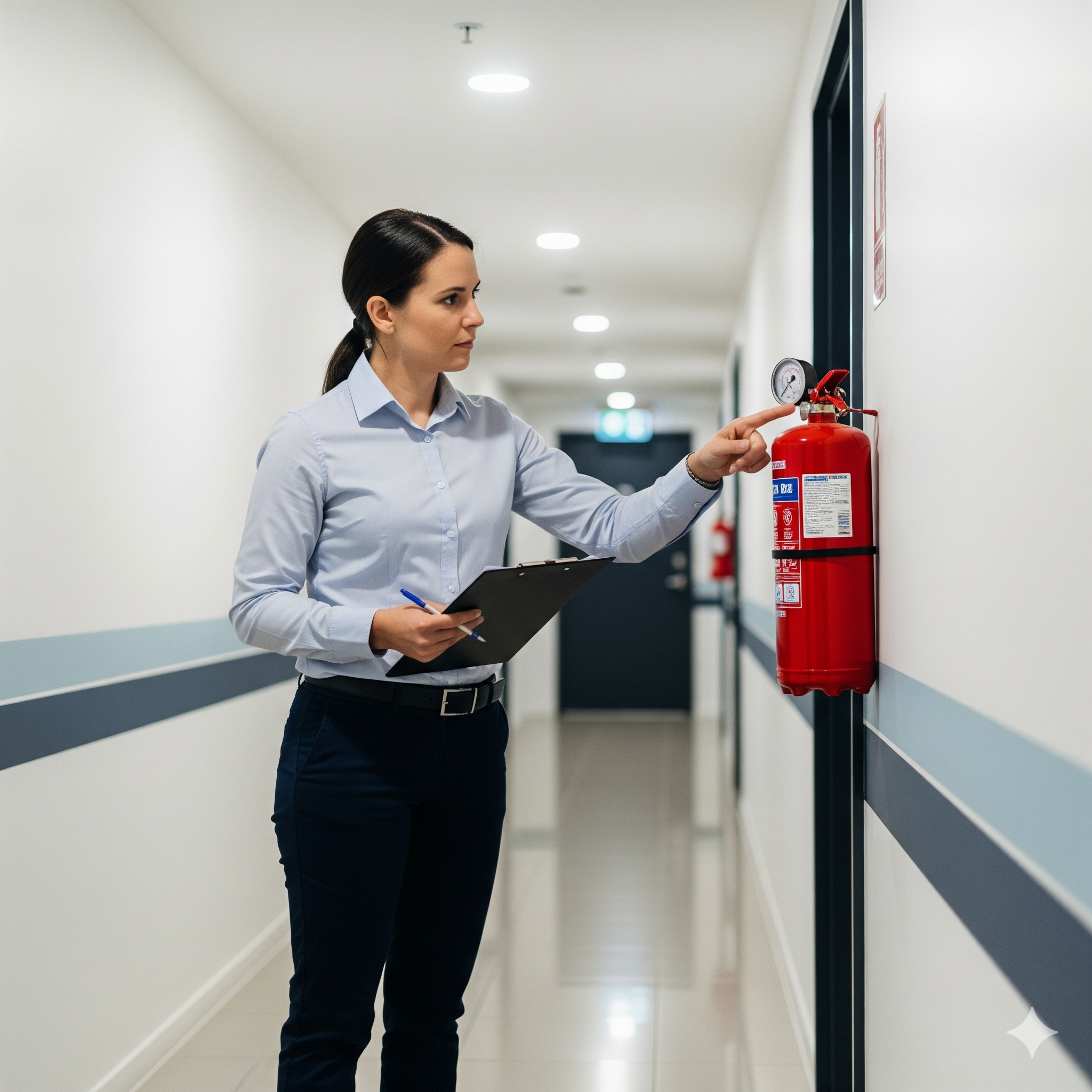 Fire safety strata compliance nsw A woman in an office uniform pointing to a fire extinguisher on a wall