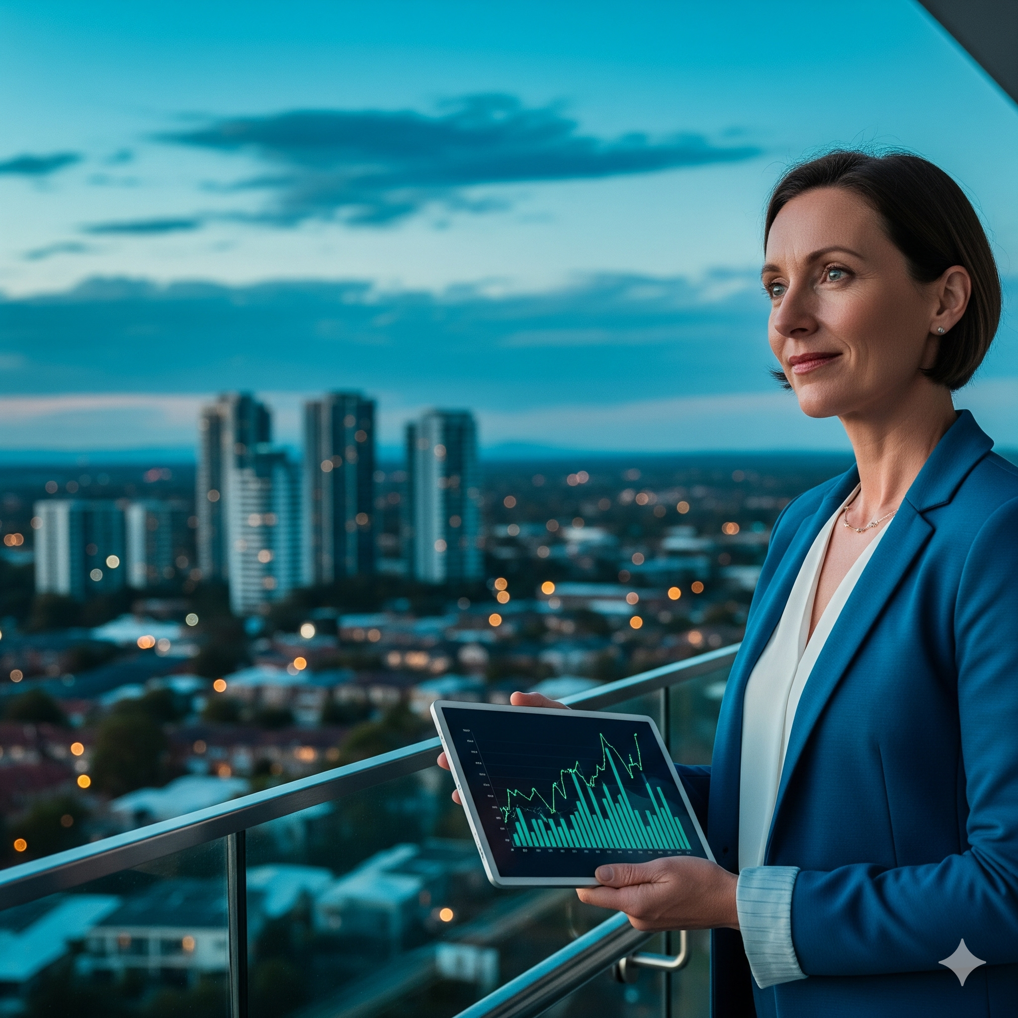 Housing affordability nsw strata A confident business woman in a suit looking out over a city skyline at night