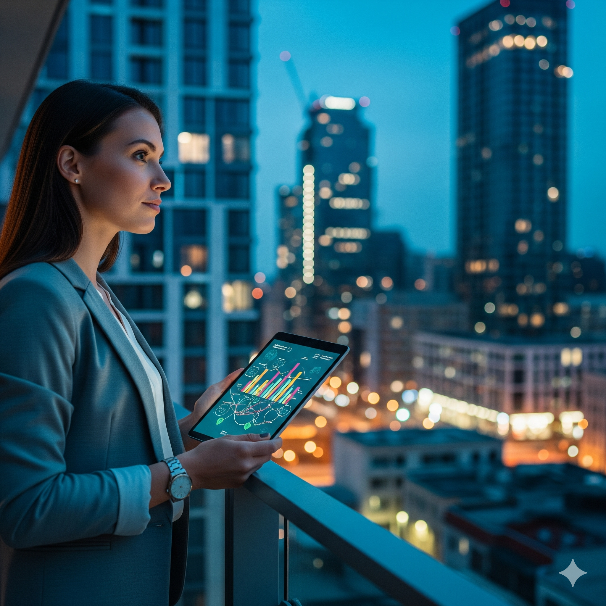 Investment apartment tips nsw A woman holding a digital tablet with city lights blurred in the background, suggesting property investment.