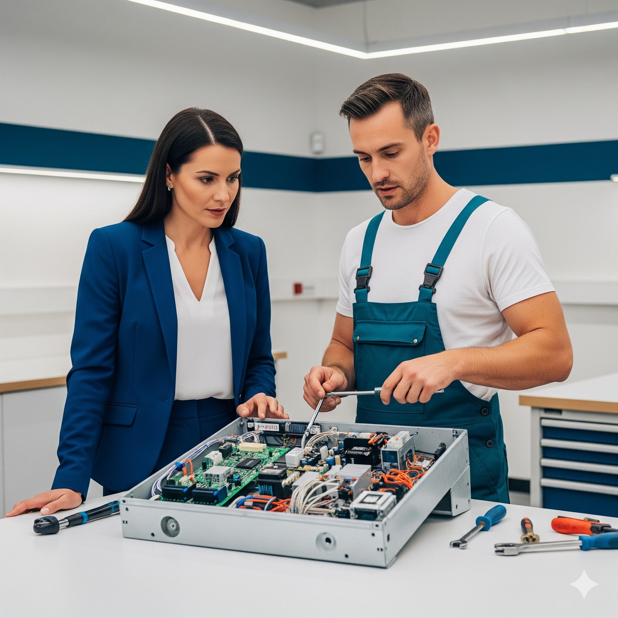 Lift maintenance in strata buildings Technician showing lift control components to a strata manager