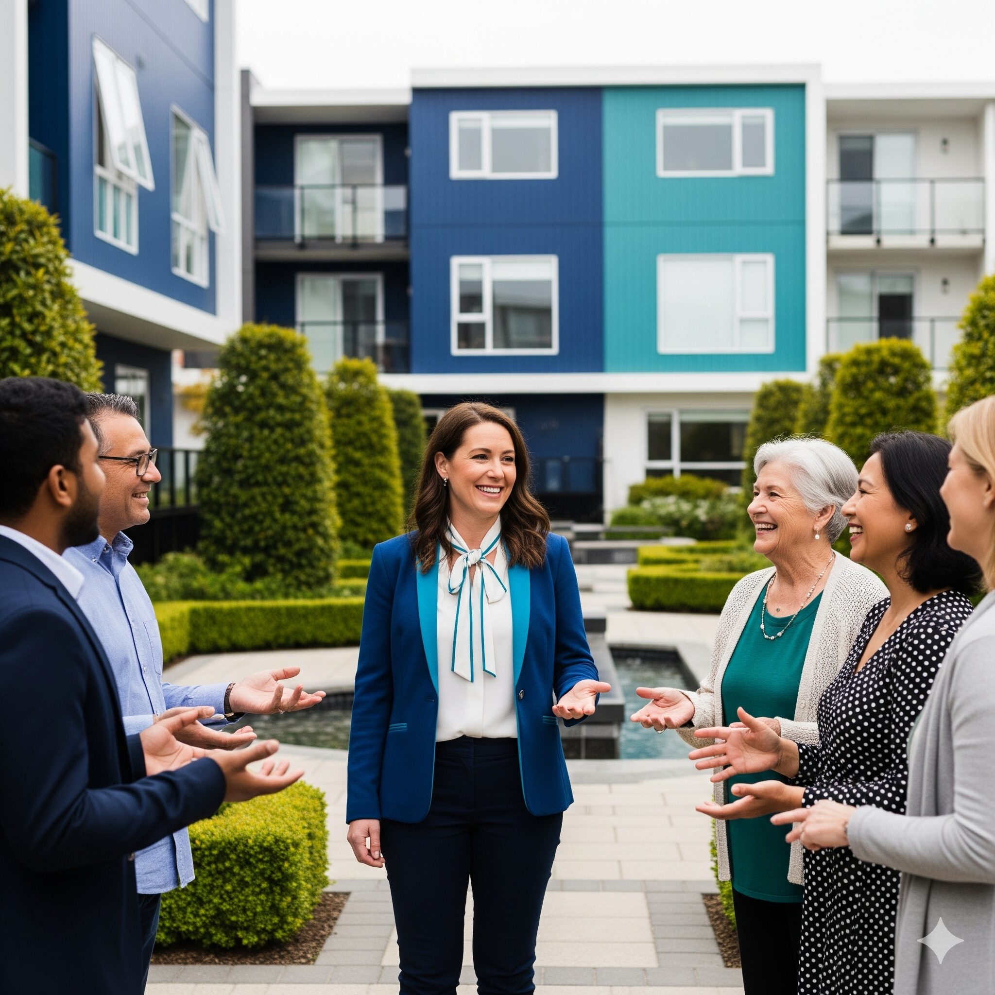 Nsw fair trading top 10 strata tips Residents talking with a strata manager outside an apartment block