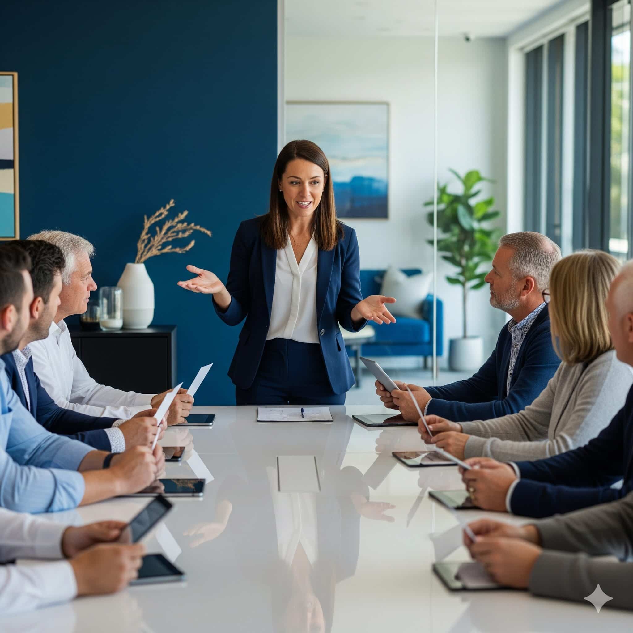 Strata manager explaining a resolution to owners at a meeting