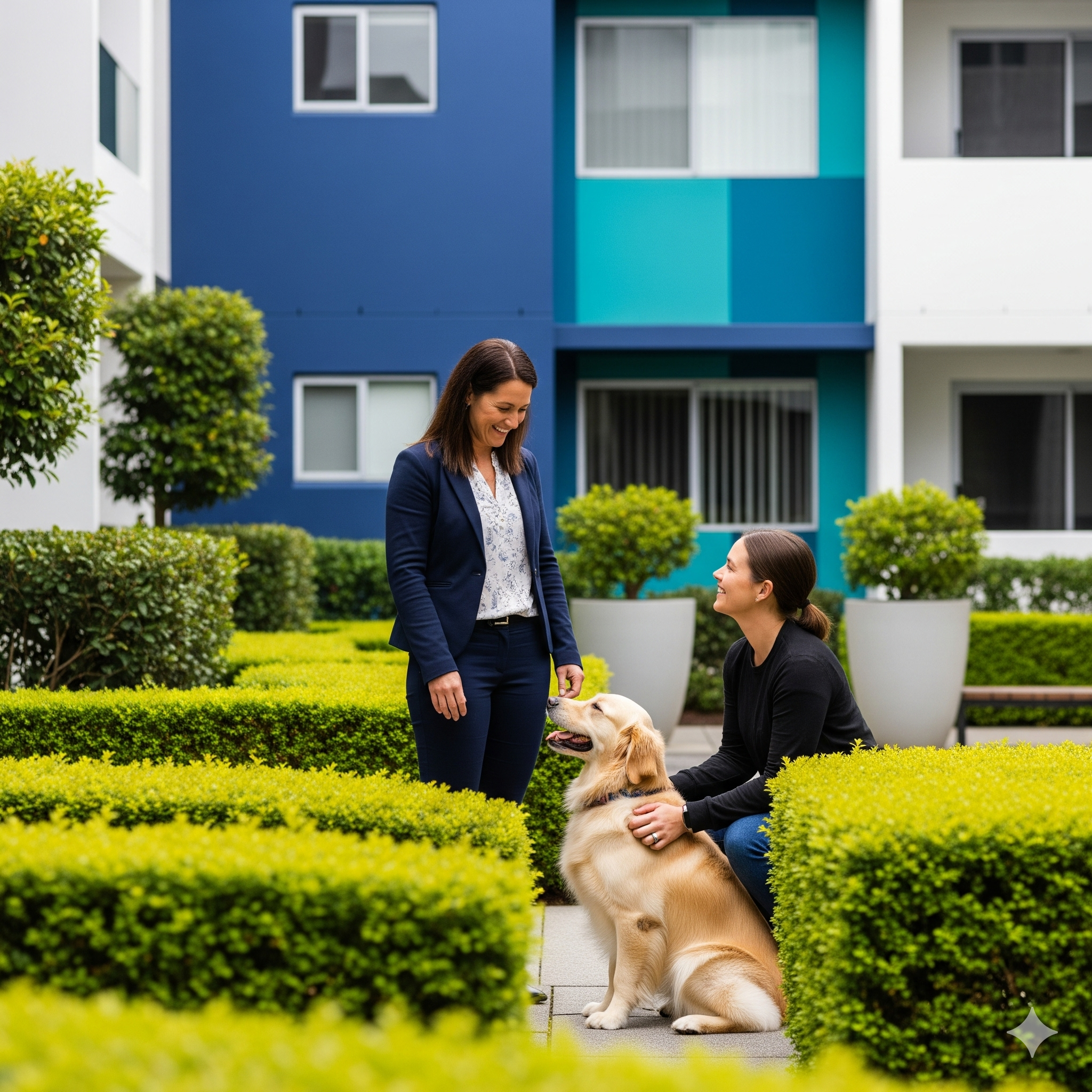 Pets in strata nsw Two residents with a golden retriever in the garden of an apartment complex