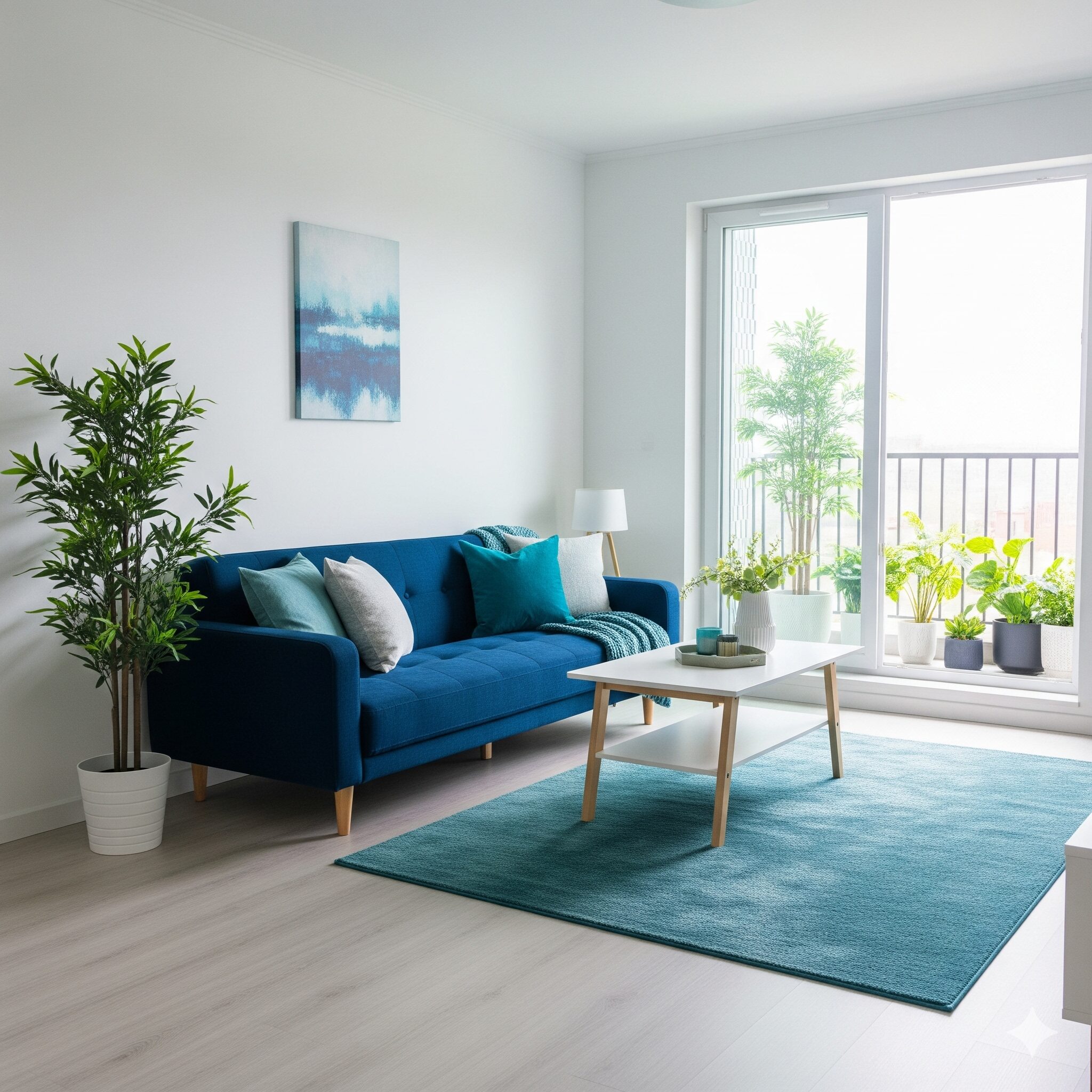 Prepare apartment for rent Tidy apartment living room with a sofa and balcony doors