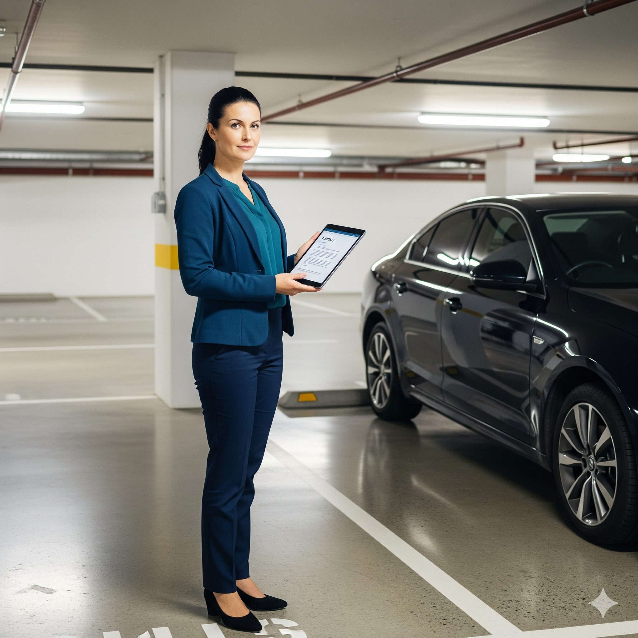 Renting out garage parking space strata Strata manager recording a parking space on a tablet in a basement car park