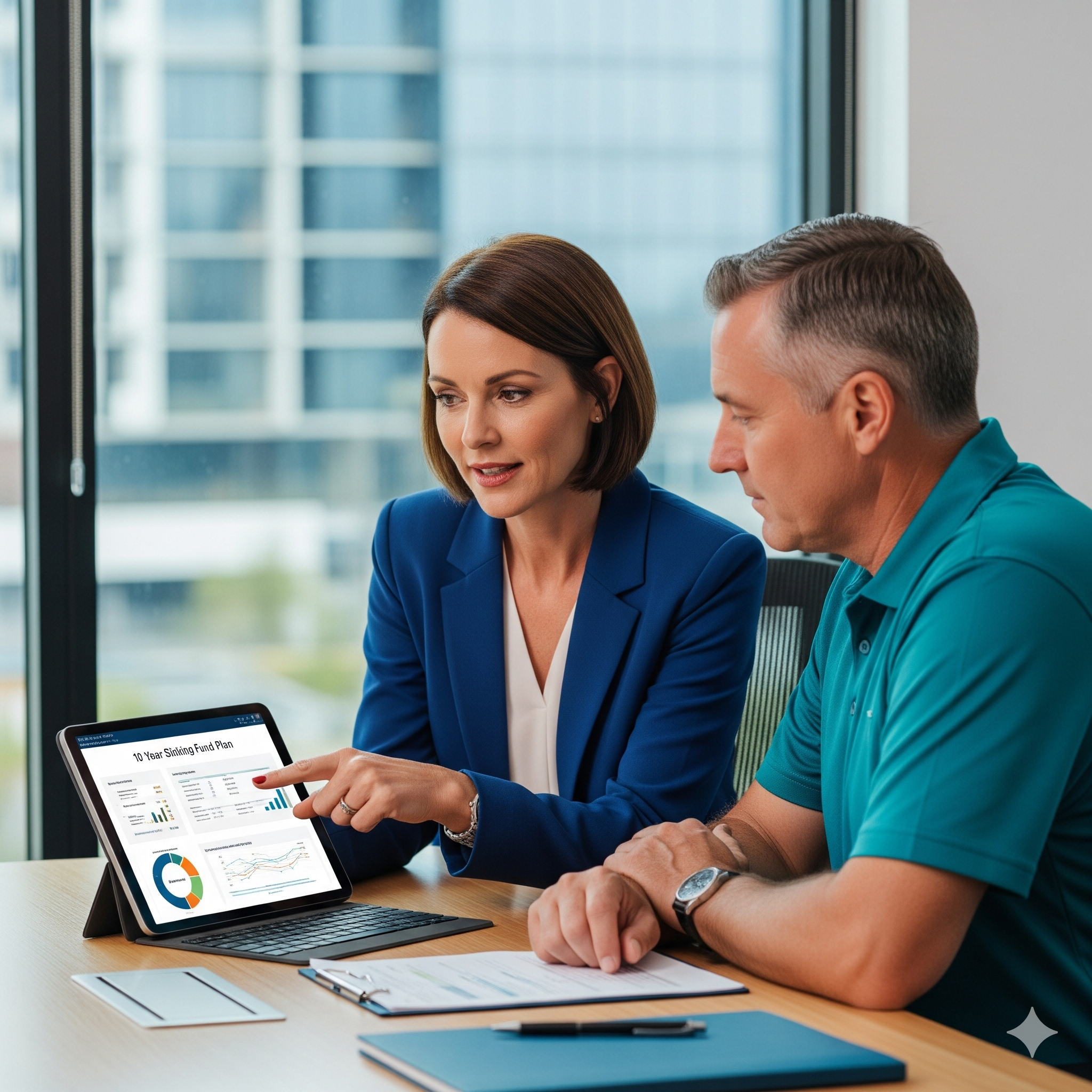 Sinking fund 10 year plan nsw Strata manager and owner reviewing a capital works forecast