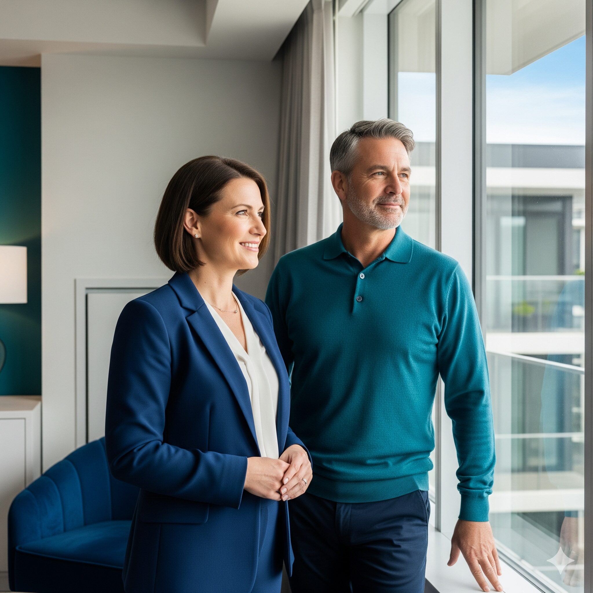 Strata building insurance guide Two people discussing building cover beside an apartment window