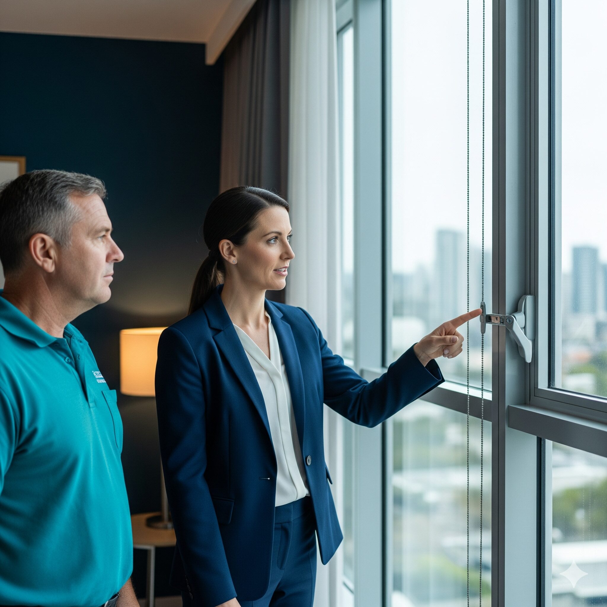 Strata child window safety devices Strata manager pointing out a window safety latch to a resident