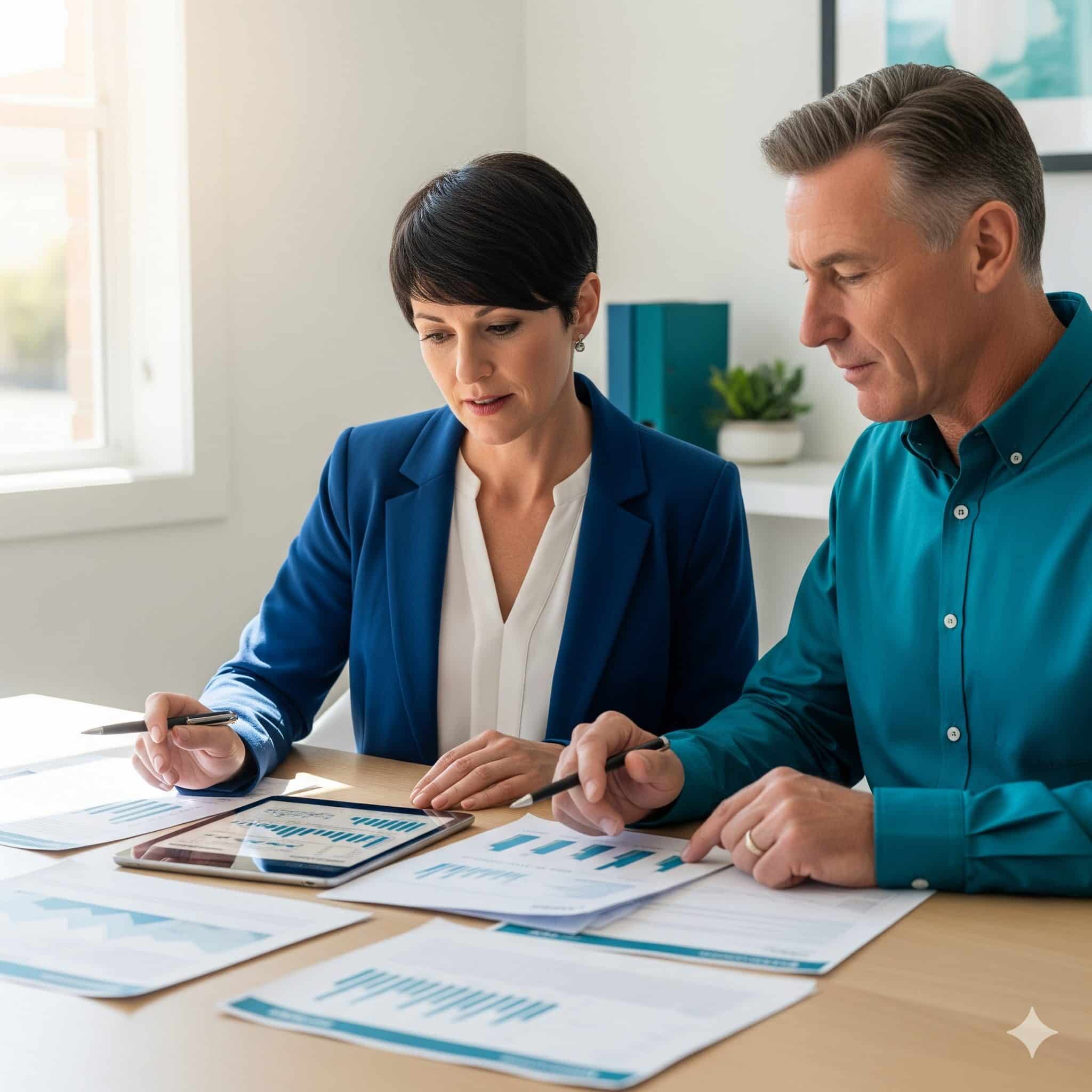 Two people reviewing strata financial statements at a desk