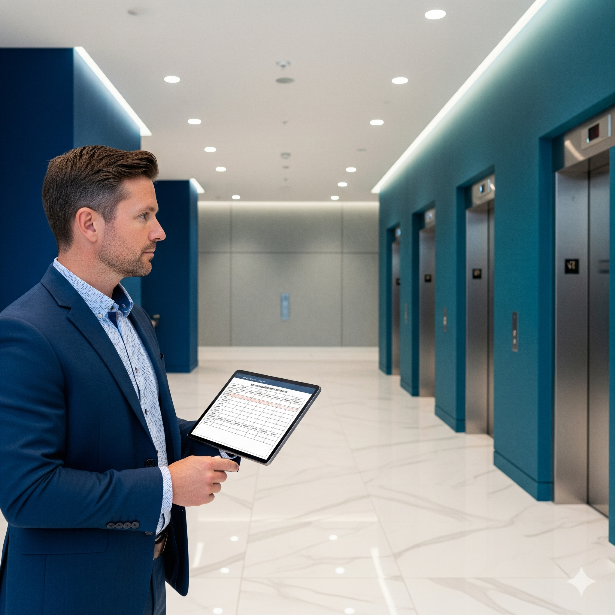 Strata lift maintenance nsw Technician with a clipboard beside lift doors in an apartment lobby