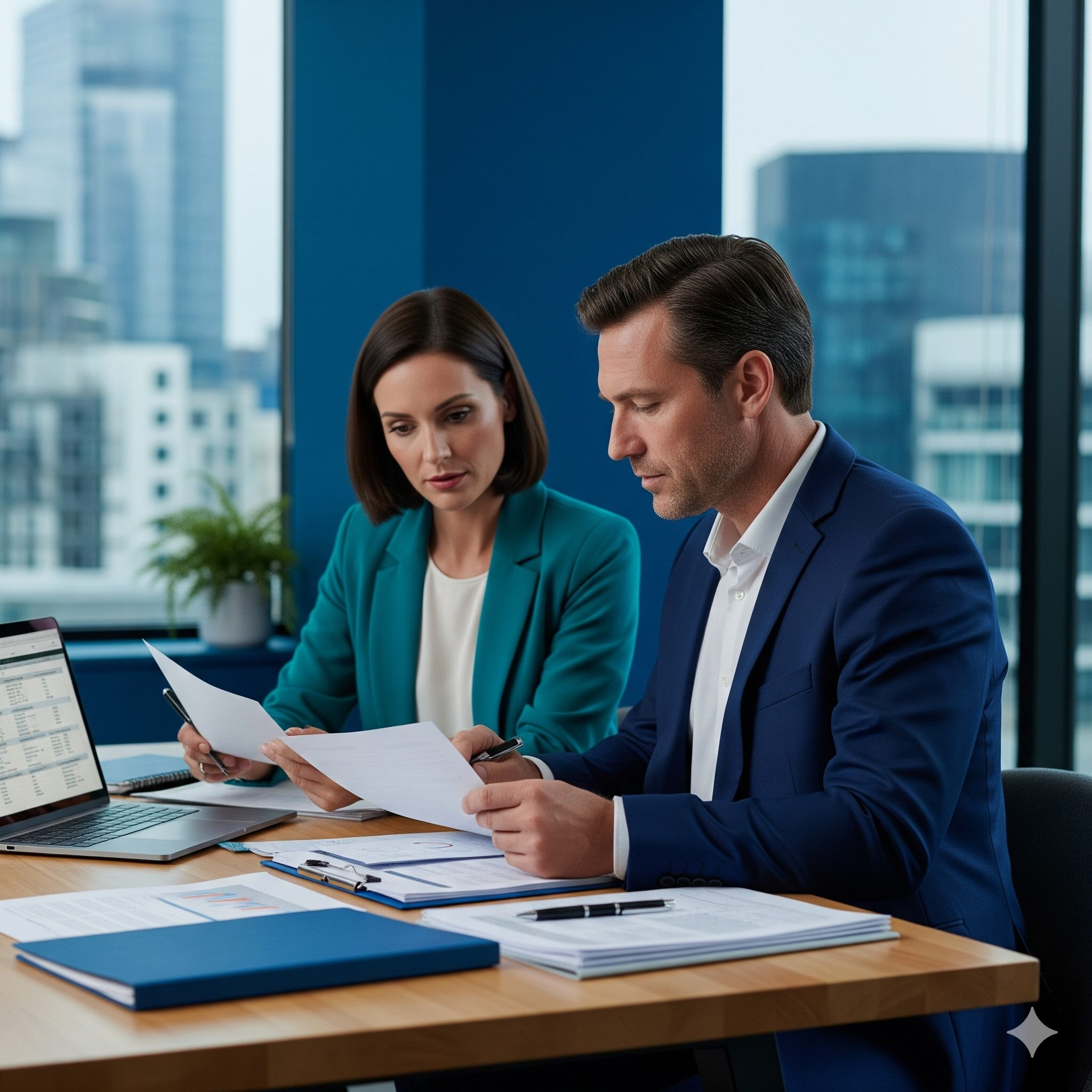 Unique approach strata management Strata managers working through building paperwork at a desk