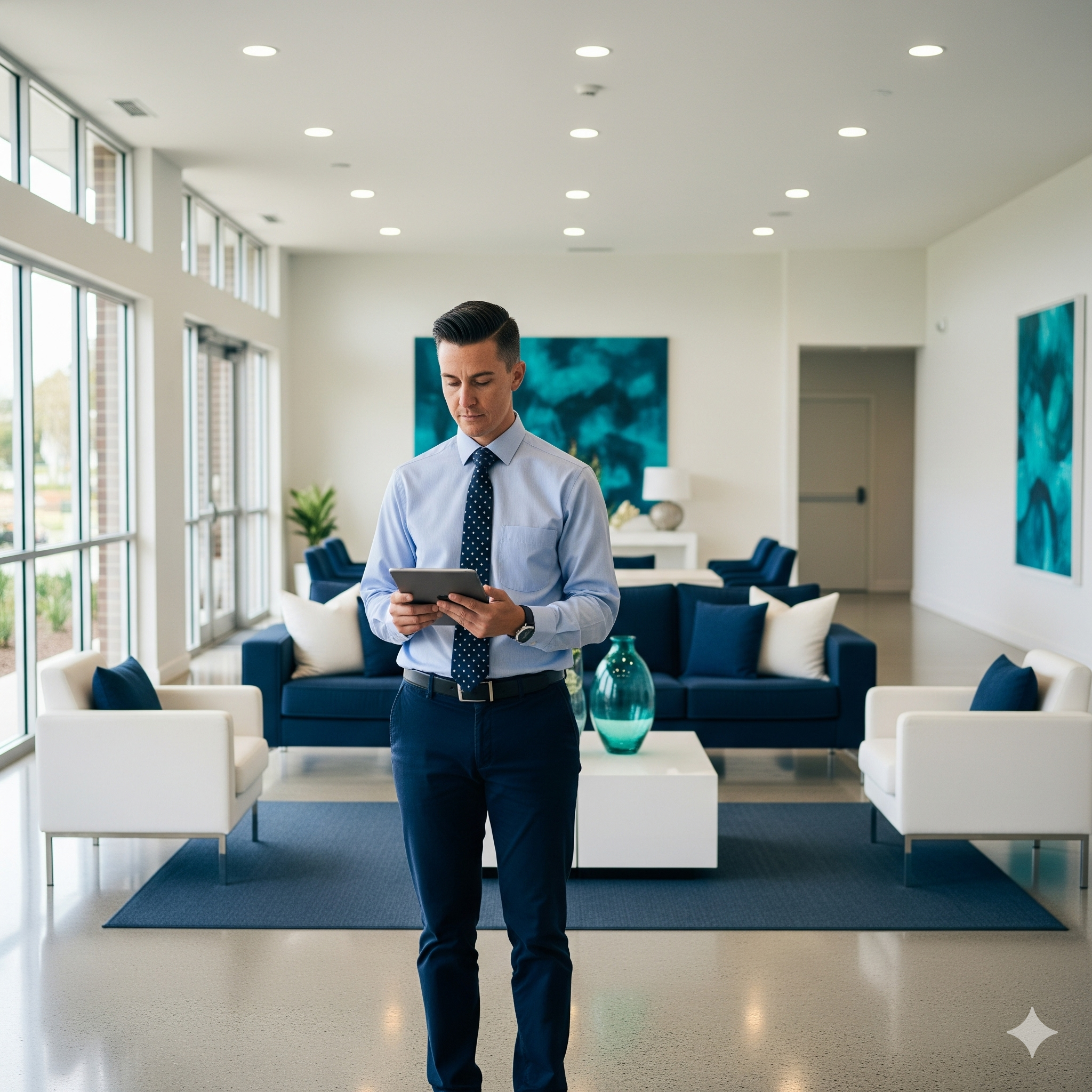 Value added strata management services A businessman in a modern, stylish apartment, looking at his tablet