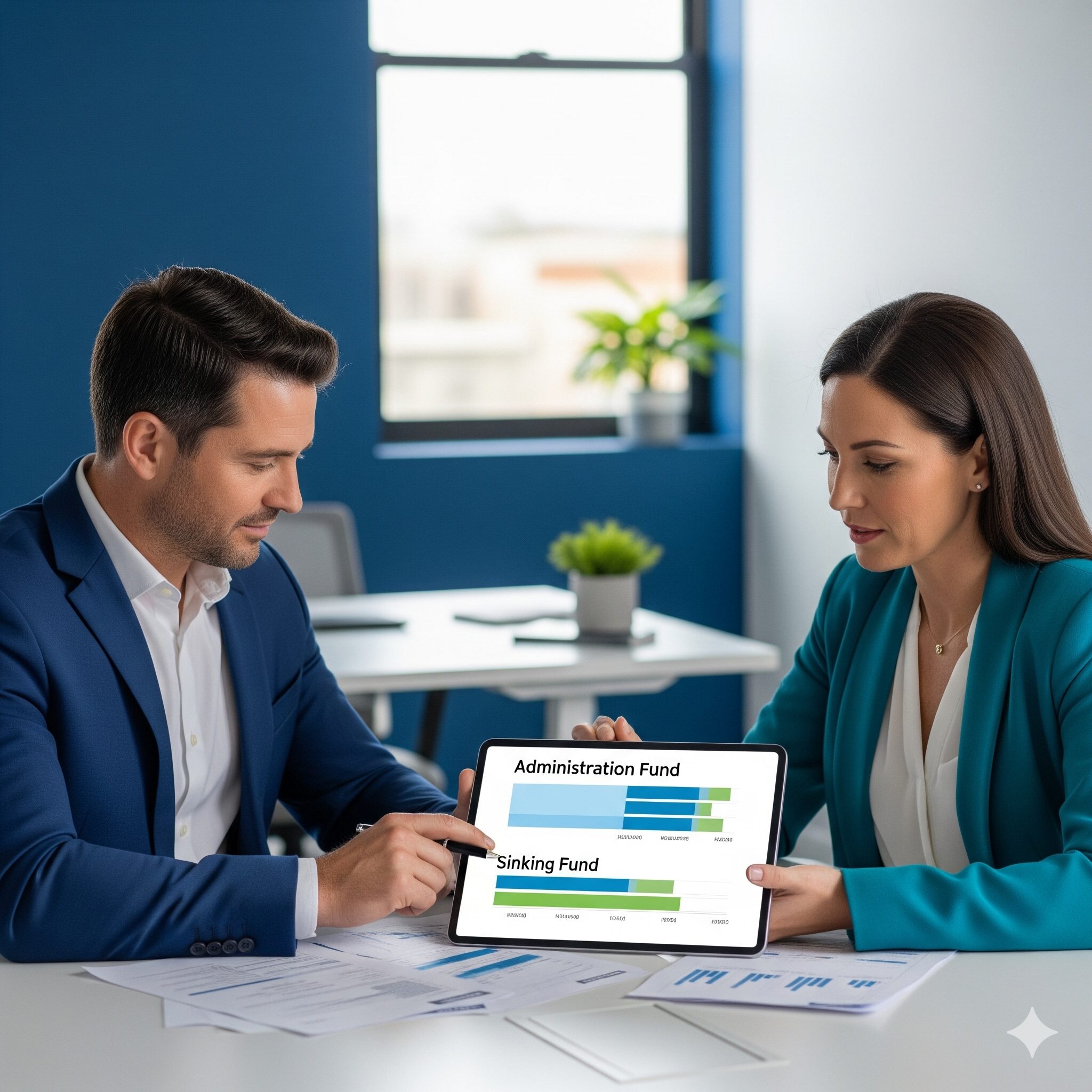 What do strata levies pay for Two people reviewing a strata budget on a laptop