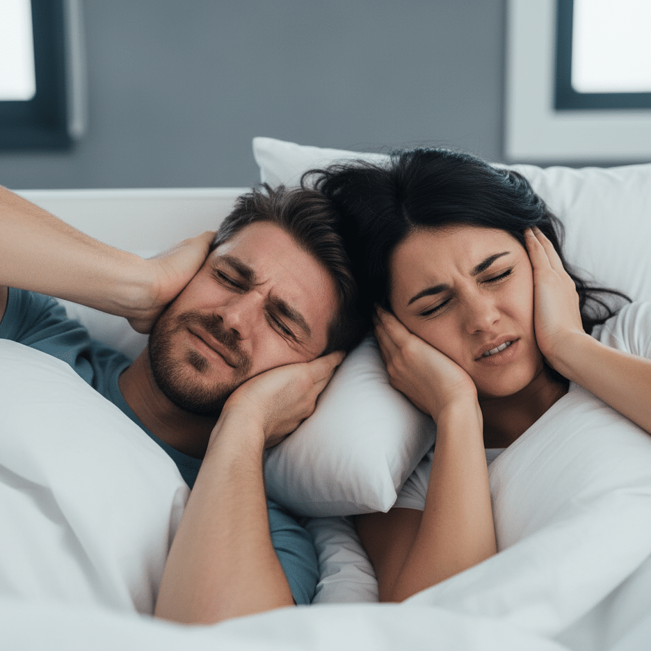 Couple in bed covering their ears because of apartment noise