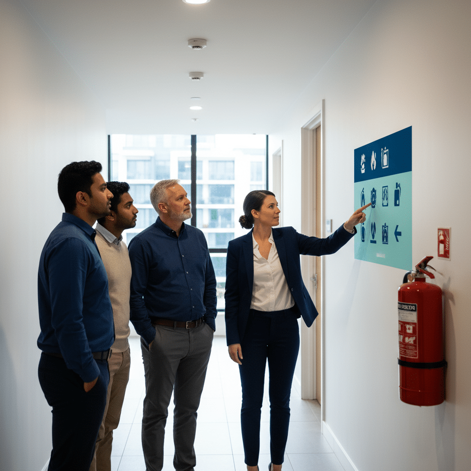 Fire safety briefing in an apartment corridor