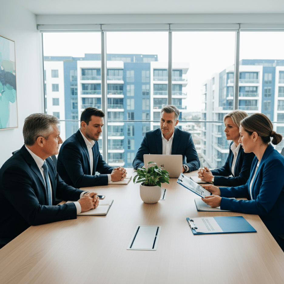 Strata committee meeting around a boardroom table