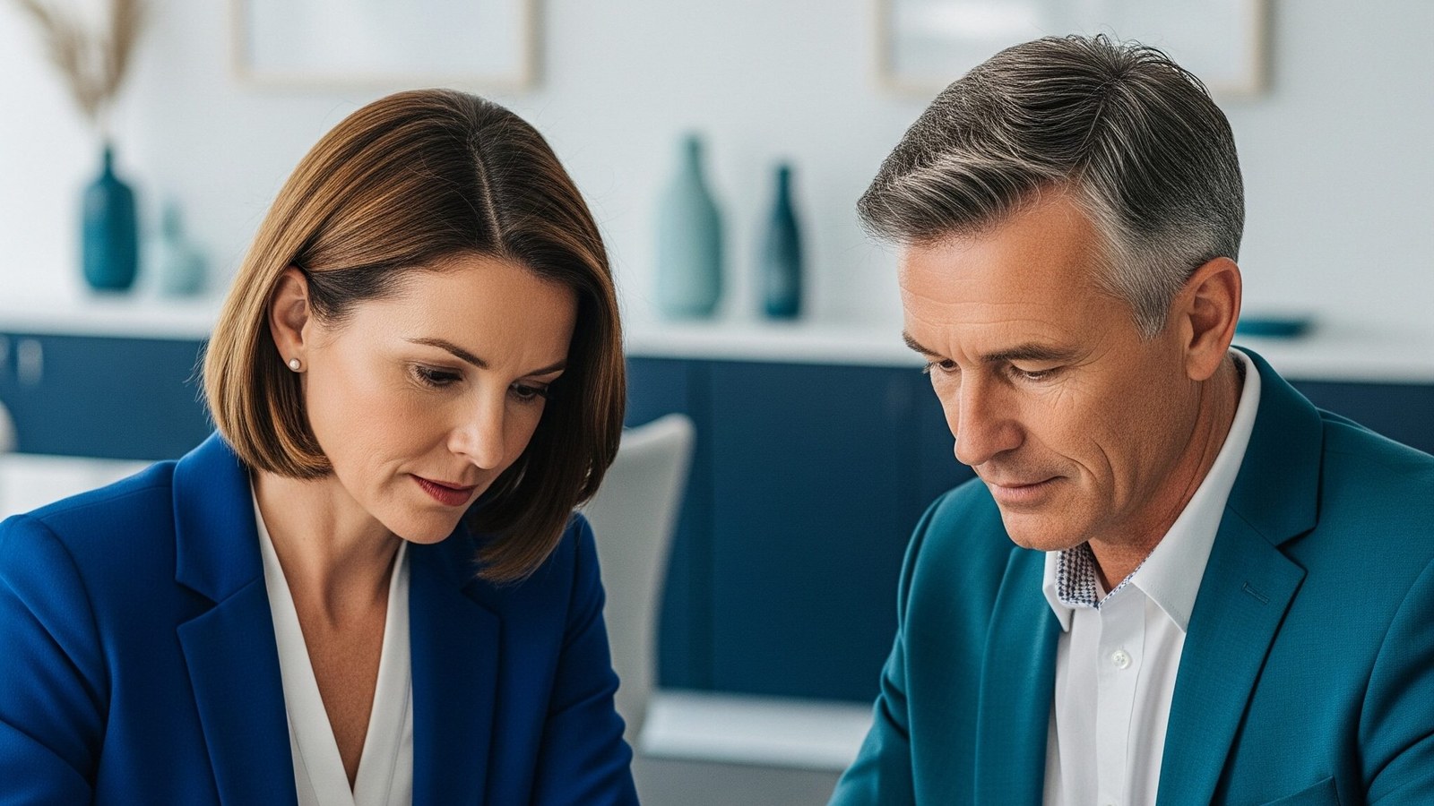 Two people reviewing strata management fees and financial statements
